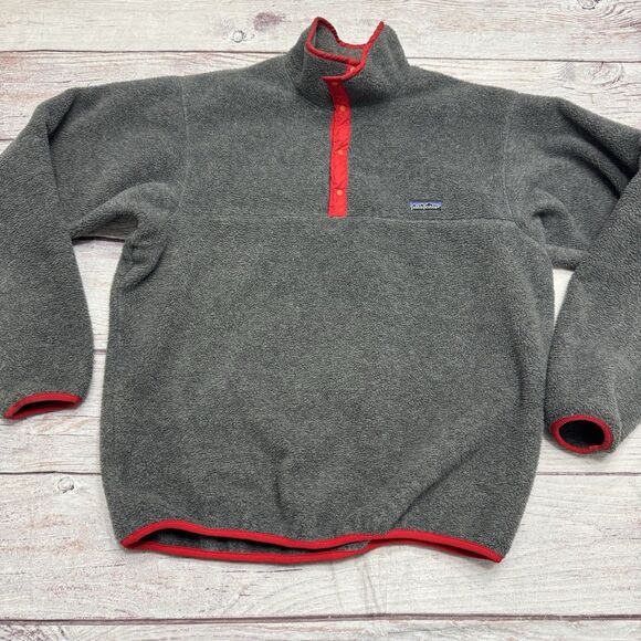 Patagonia First Edition Vintage 1985 Synchilla Snap T Charcoal Grey Red Large - Picture 2 of 11